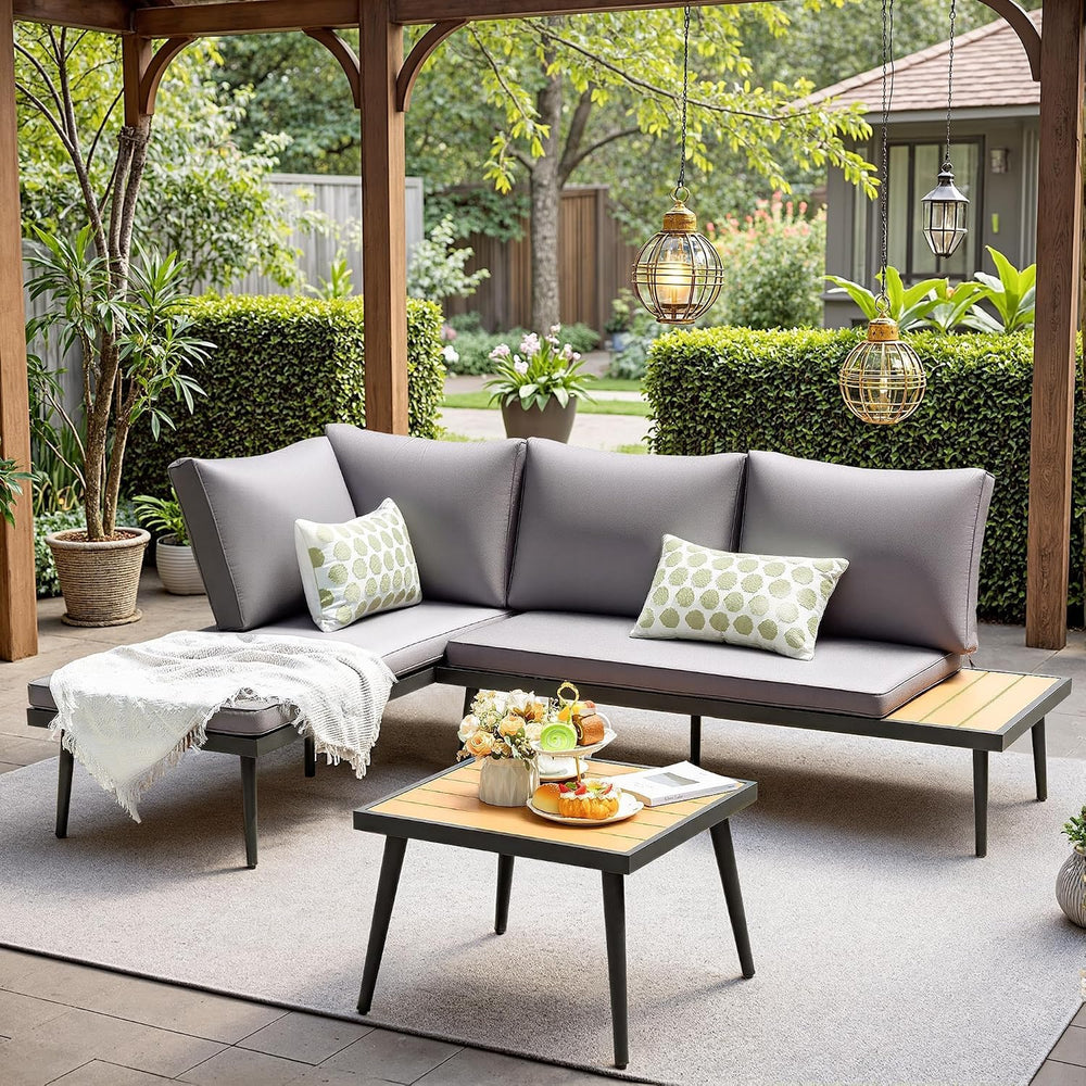 Devoko L-Shaped Small Sectional Outdoor Coach wtih Acacia Wood,Gray
