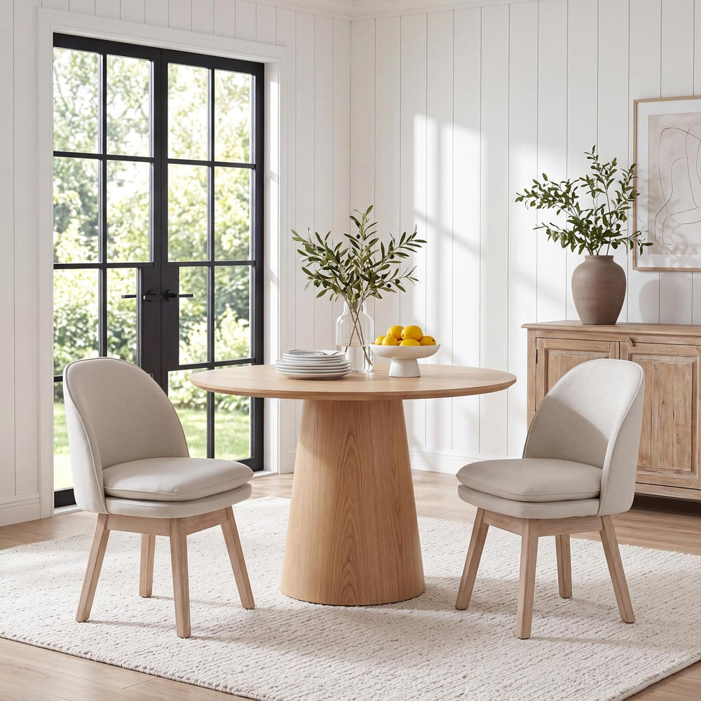 ROCITY Swivel Dining Chairs Set of 2, Cream Linen Kitchen Chairs with Solid W...
