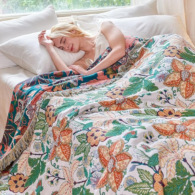 MSGKV Boho Throw Blanket for Couch Chair 100% Cotton Embroidery Floral Blanket - Image 7