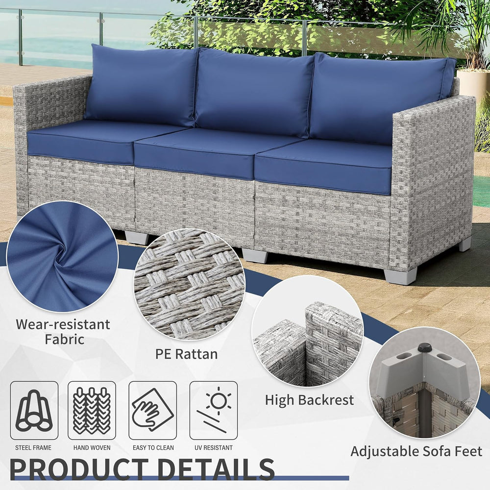 WAROOM Outdoor Couch 3 Seater Wicker Patio Sofa Grey Rattan Balcony Furniture...