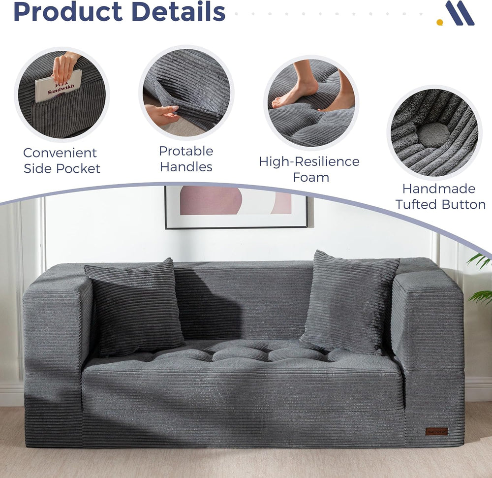 MAXYOYO 63" Folding Sofa Bed, Convertible Boneless Couch with Pillow