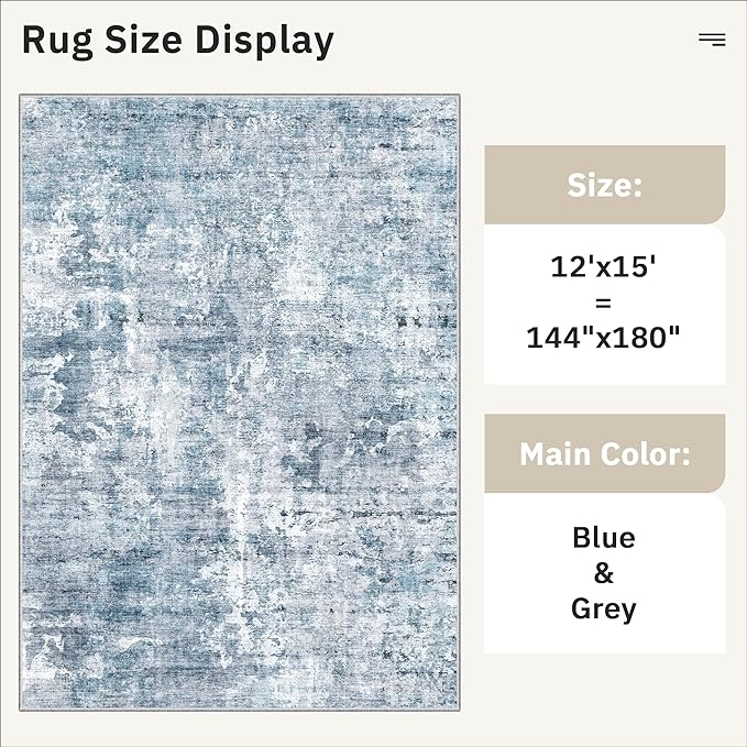 12x15 Washable Area Rug Blue/Grey Neutral Abstract Living Room Large Carpet Non - Image 5