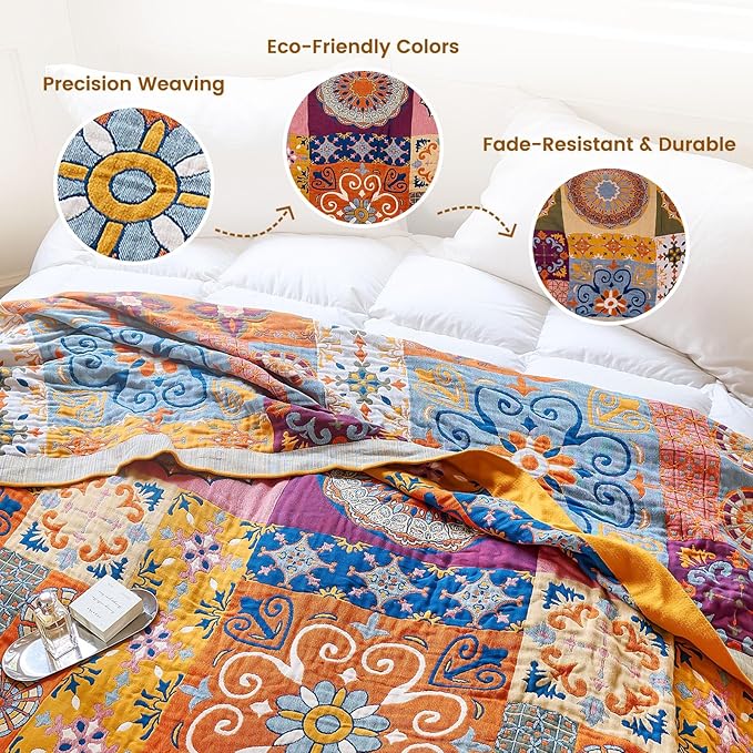 MSGKV Boho Throw Blanket for Bed 90"x90" 100% Cotton Blanket Spring Breathable - Image 3
