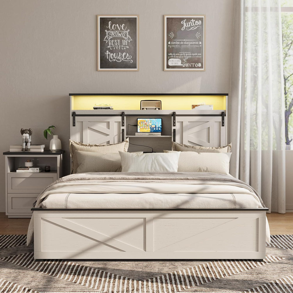 Fameill Farmhouse Queen Size Bed Frame with 4 Drawers and Bookcase Headboard,...