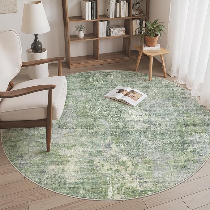 6x6 Green/Ivory Round Rug 6ft Living Room Circle Rug Vintage Round Area Rug Non by Soalmost