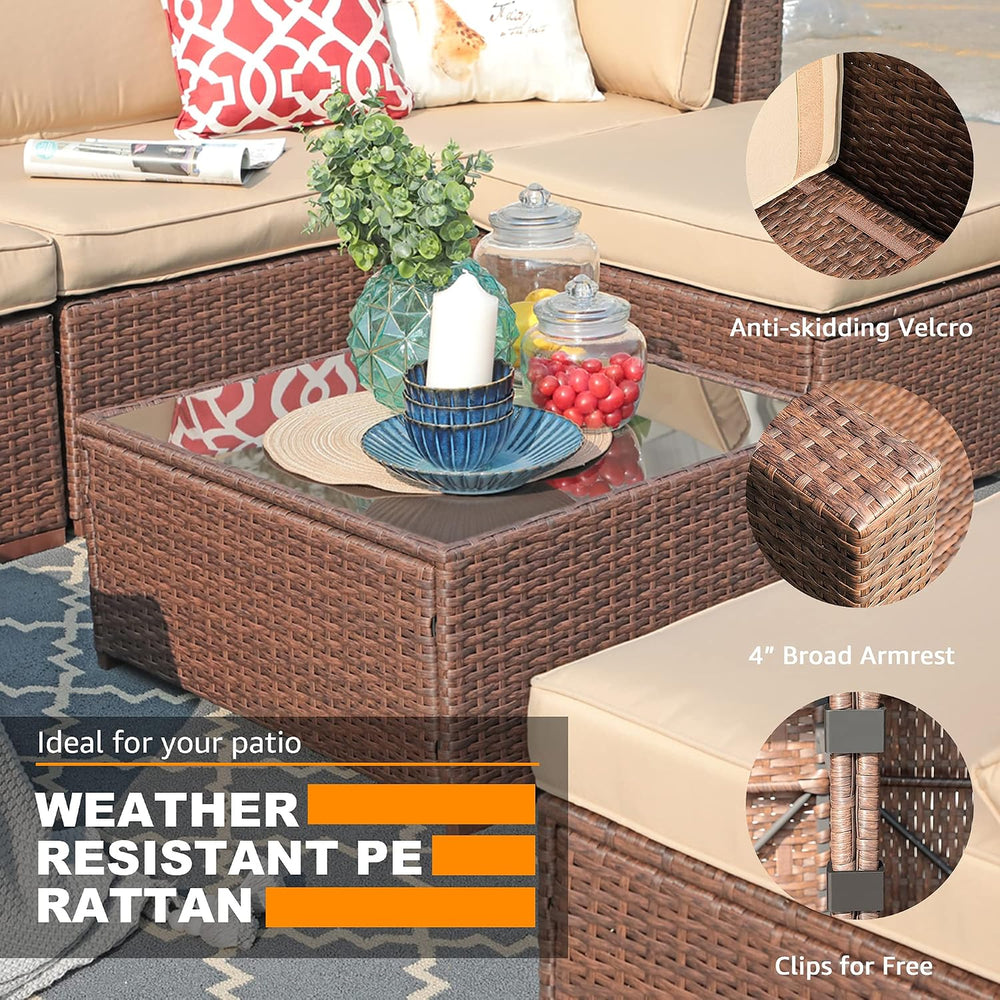 Patiorama 2 Piece Outdoor Wicker Loveseat, Brown PE Rattan, Beige