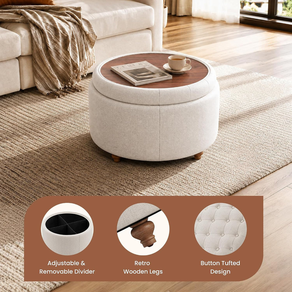 25Inch Round Storage Ottoman, Small Round Ottoman Coffee Table with Storage