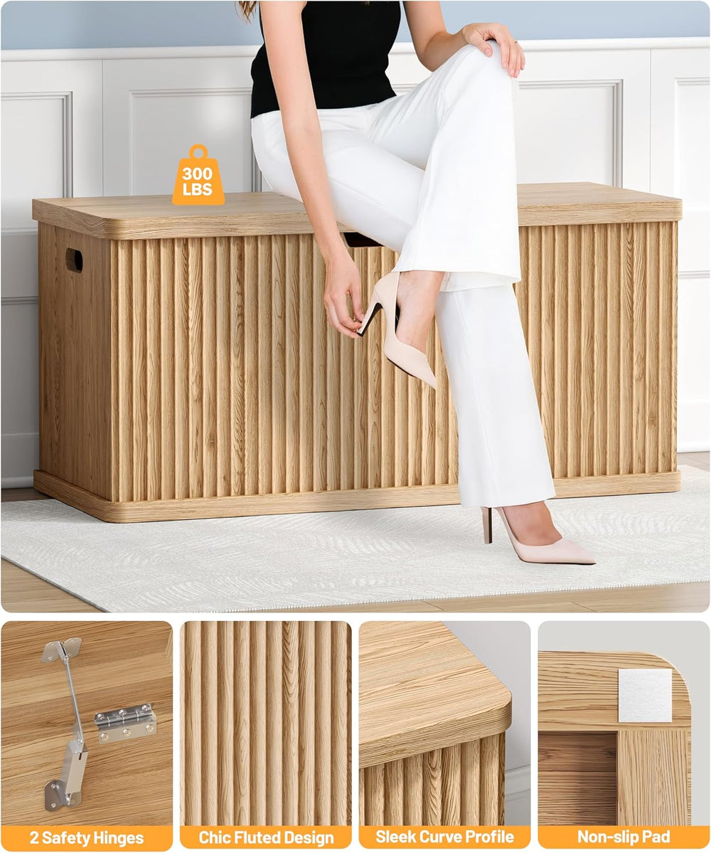 Akxomel 37.4" Fluted Storage Chest Wooden Storage Trunk 2 Safety Hinges ...