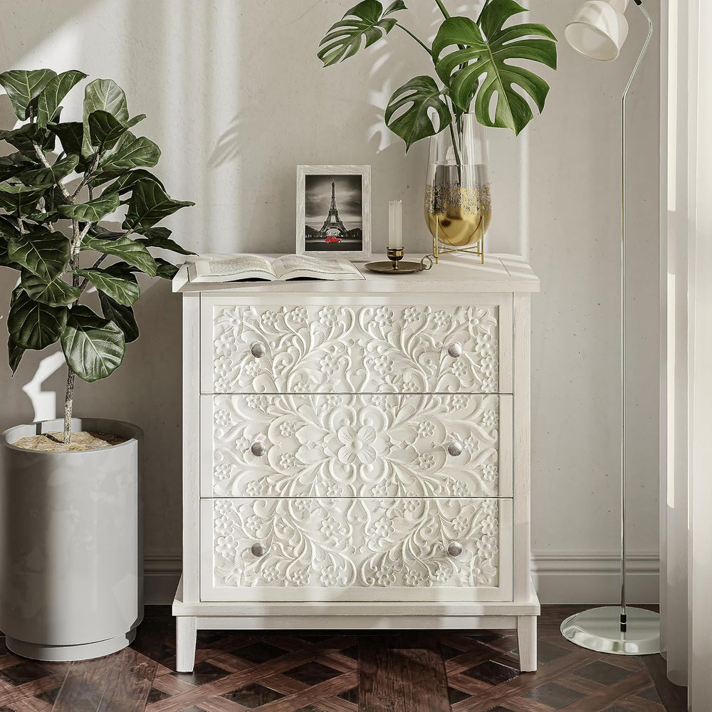 COZAYH 3-Drawer Fully-Assembled Flower Motif Dresser, Set of 2 Nightstand for...