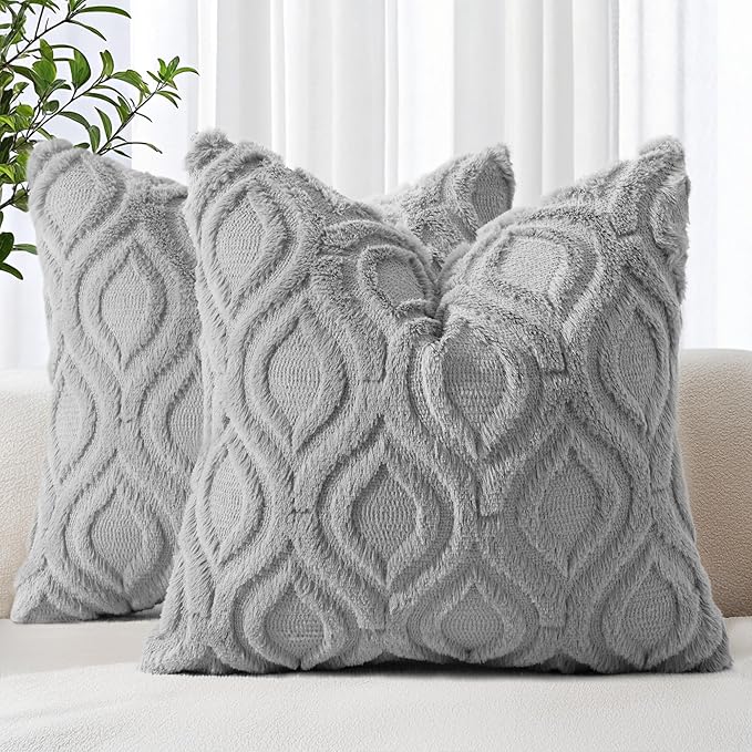 decorUhome Throw Pillow Covers 22x22 Inch Set of 2, Soft Plush Faux Wool Grey by decorUhome