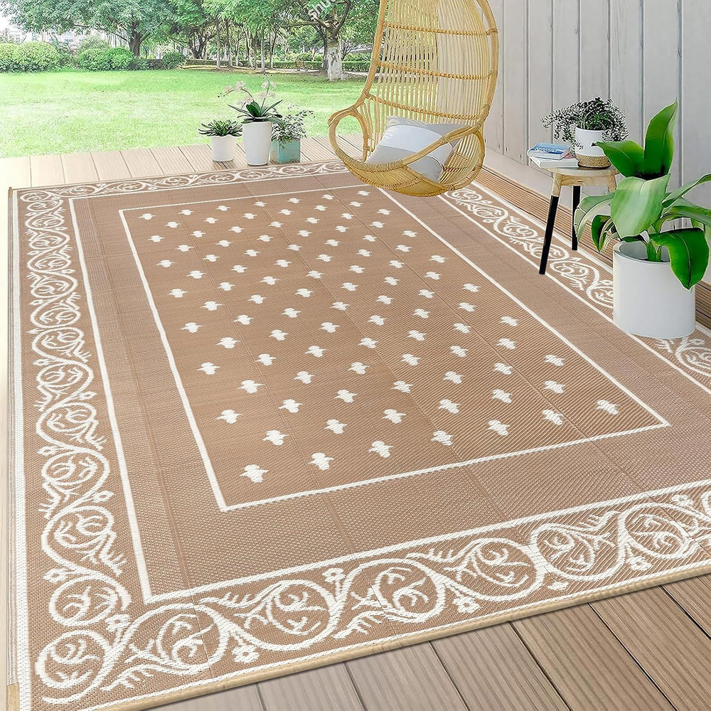 Pauwer Waterproof Outdoor Rug 6x9, Plastic Straw Patio Rug, Bordered Beige