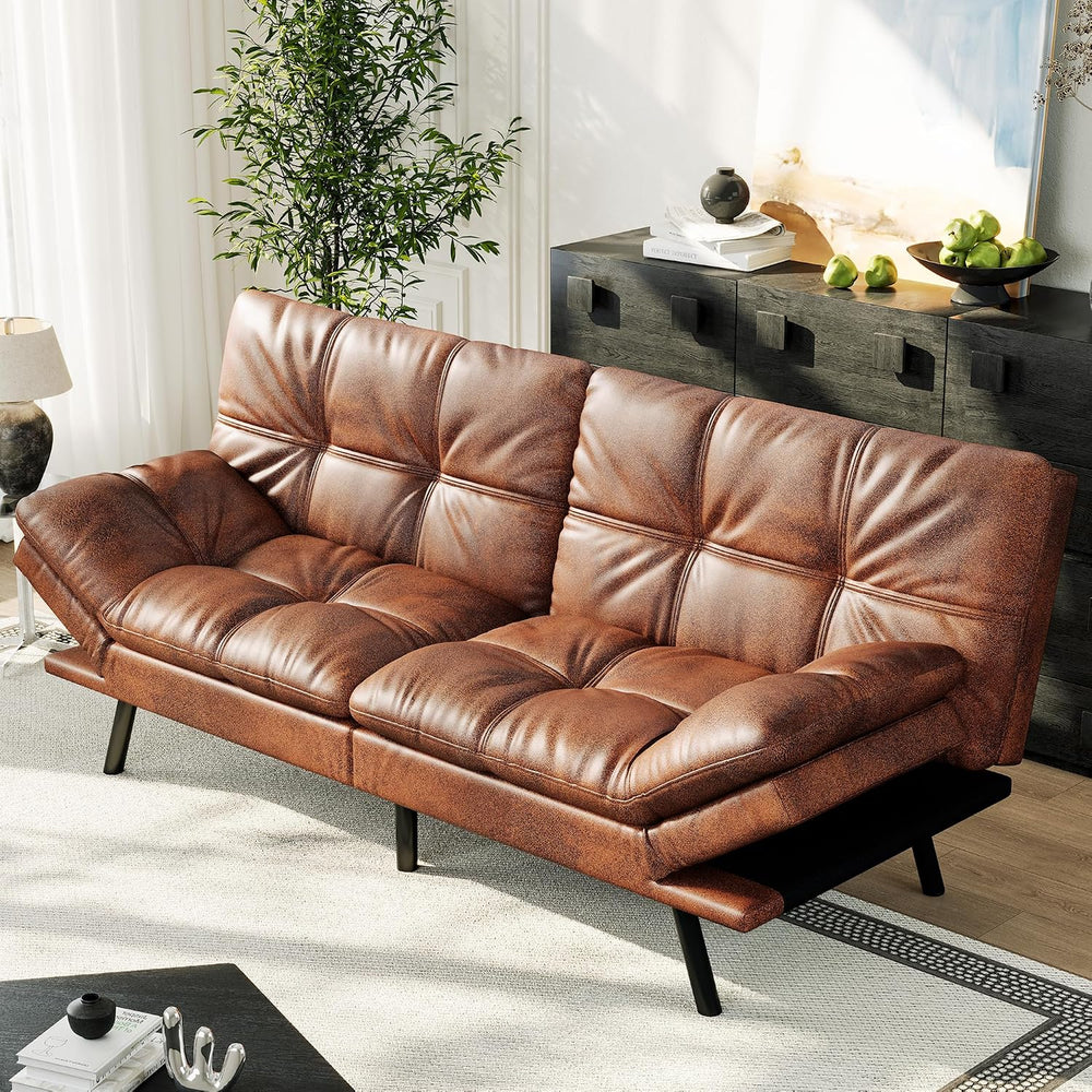 71" Convertible Futon Sofa Bed,Brown Faux Leather Futon Couch