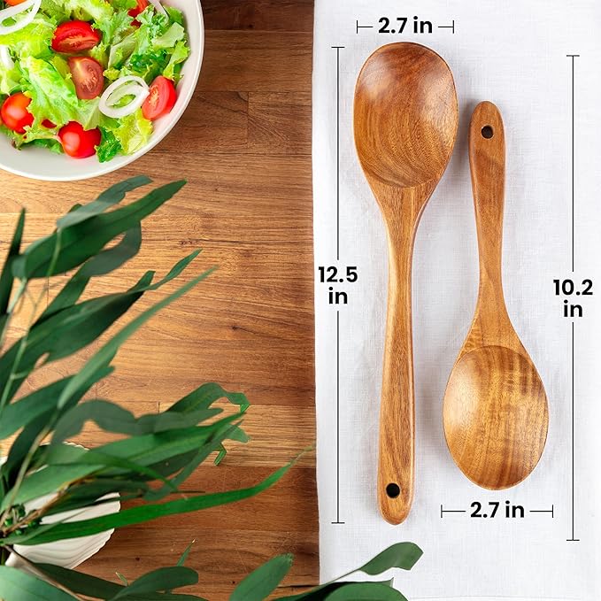 Zulay Kitchen Teak Wood Utensil Set – 2 Piece Large and Small Wooden Cooking - Image 2