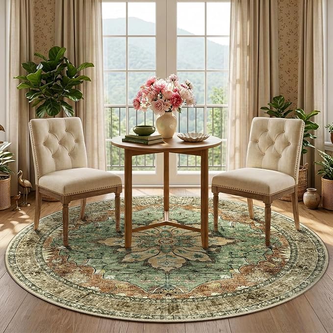 RELEANY Area Rugs 5ft Washable Non-Slip, Floral Vintage Distress Print Pattern - Image 2