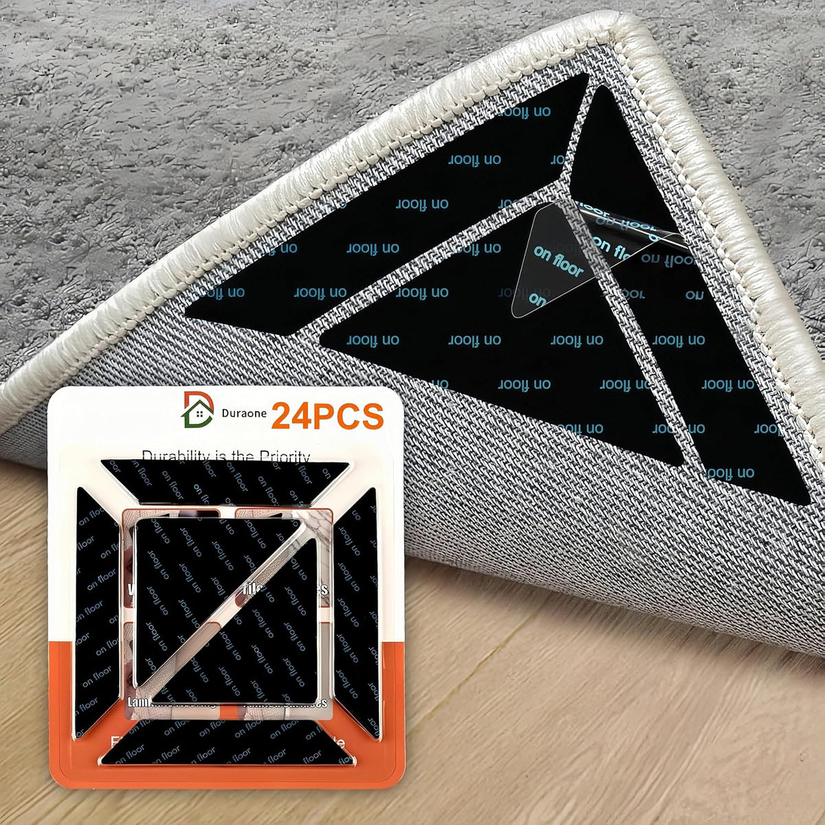 24 PCS Rug Gripper with Triangle & Trapezoid Design, Non-Slip Double-Sided Reusable Carpet Tape for Area Rugs, Adhesive Rug Pads for Hardwood Floors and Tiles, Keep Corners Flat (Black)