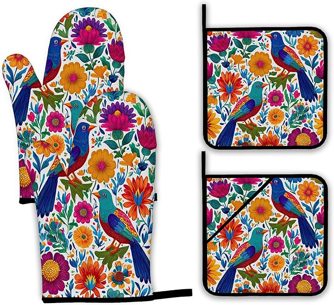 Colorful Bird Oven Mitts and Pot Holders, Flowers Mexican Style Heat Resistant by Unknown