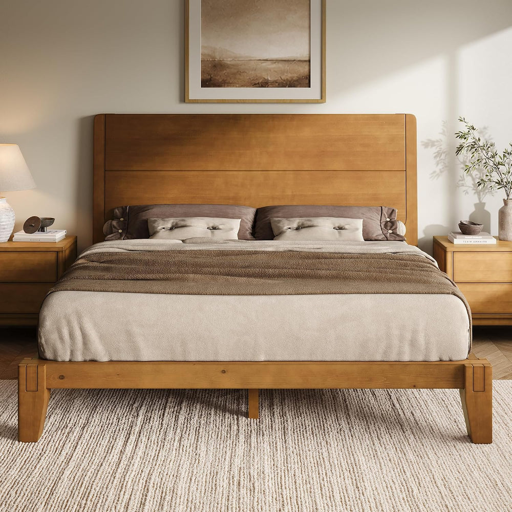 AMERLIFE Solid Wood Queen Bed Frame with Headboard, Japanese Joinery, Brown