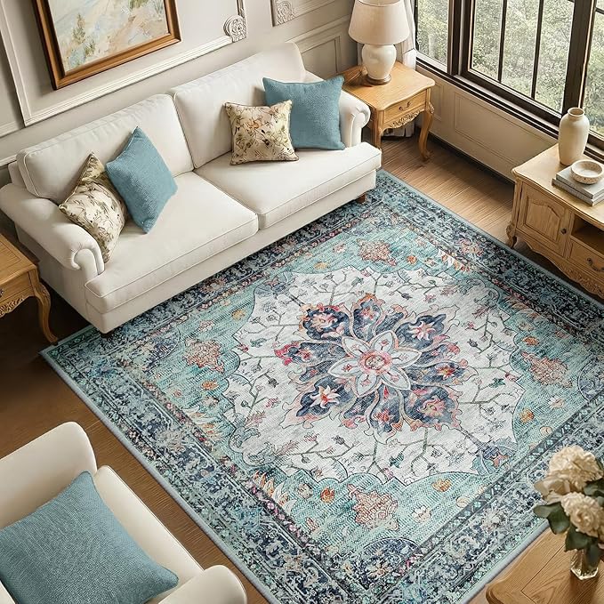 RELEANY Area Rugs Square 6ft Washable Non-Slip, Floral Vintage Distress Print by RELEANY