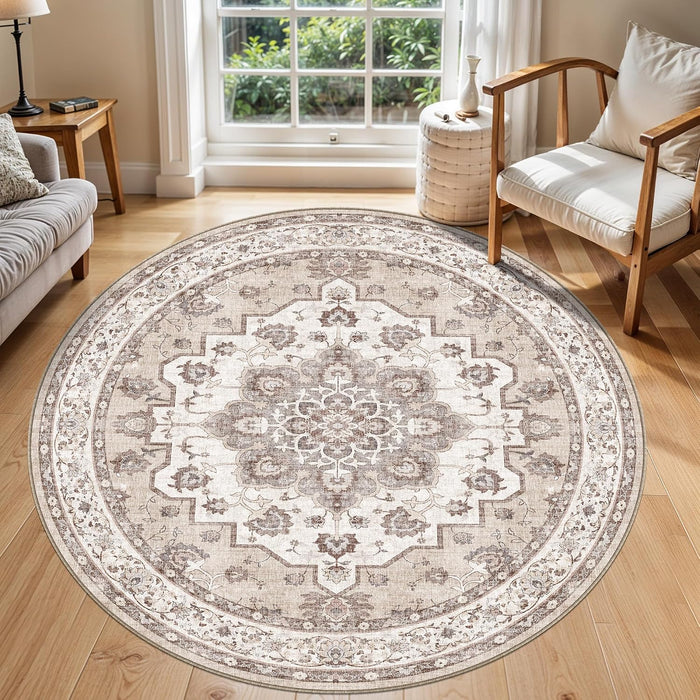 6ft Washable Kitchen Round Rug: Non-Slip Circle Area Rug for Living Room Dining Room Under Table Low Pile Soft Circular Carpet Water Resistant Durable Mat for Newlywed Cozy Home Decor(6ft-Round,Beige)