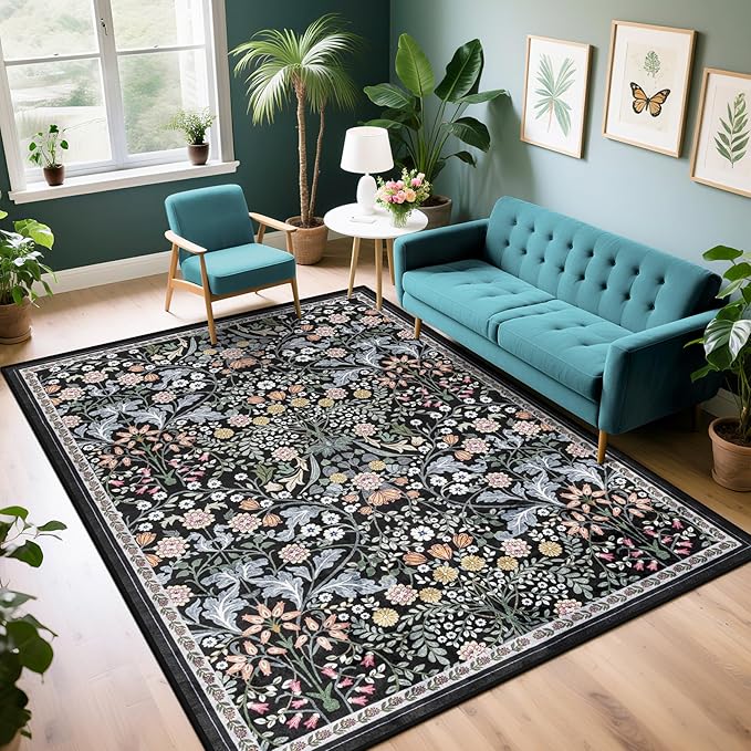 Area Rug Living Room Rugs: Floral 5x7 Washable Rug Vintage Soft Boho Non-Slip by PLHXFRSoftAreaRugs