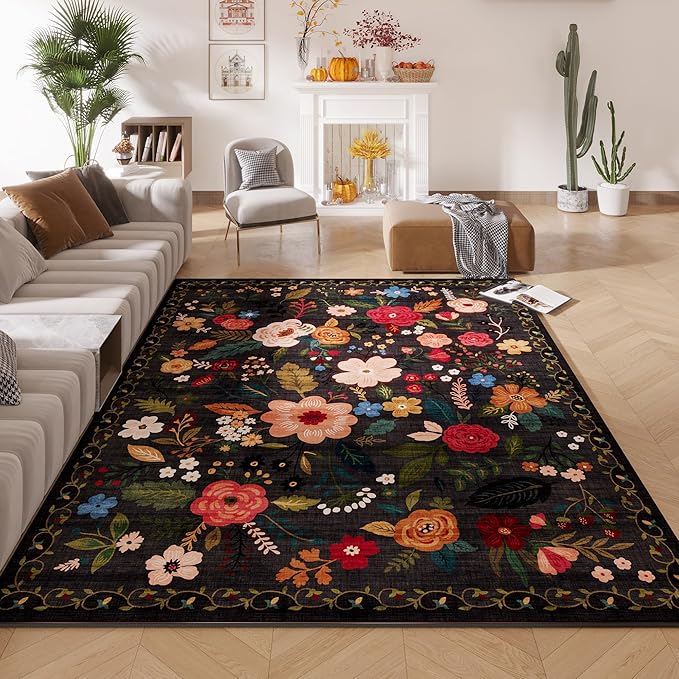 Rugcomf Living Room Rug 5x7 Rug Machine Washable Boho Area Rug Non Slip Floral by Rugcomf