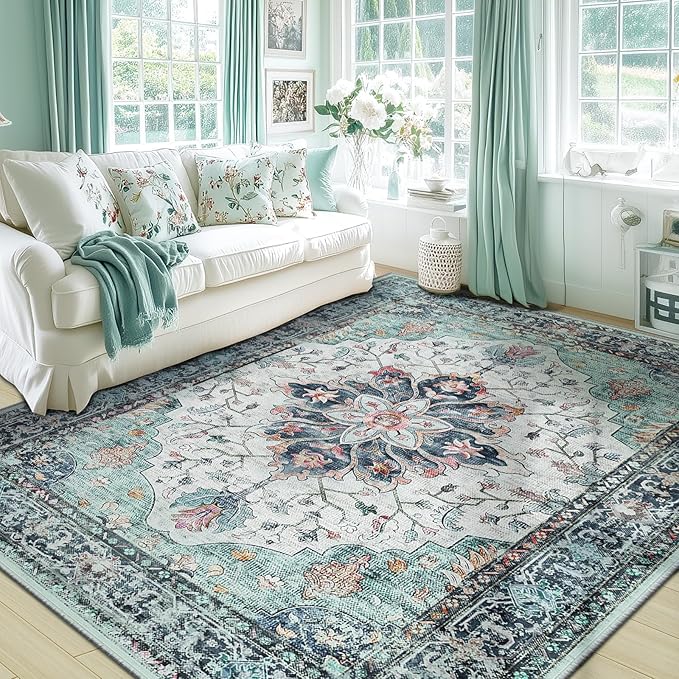 Area Rugs 5'x7' Washable Non-Slip, Floral Vintage Distress Print Pattern by RELEANY