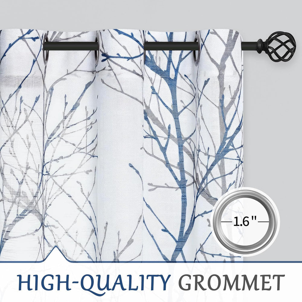 FMFUNCTEX Linen Blue White Semi Sheer Print Curtains 84 Inch Long 2 Panels