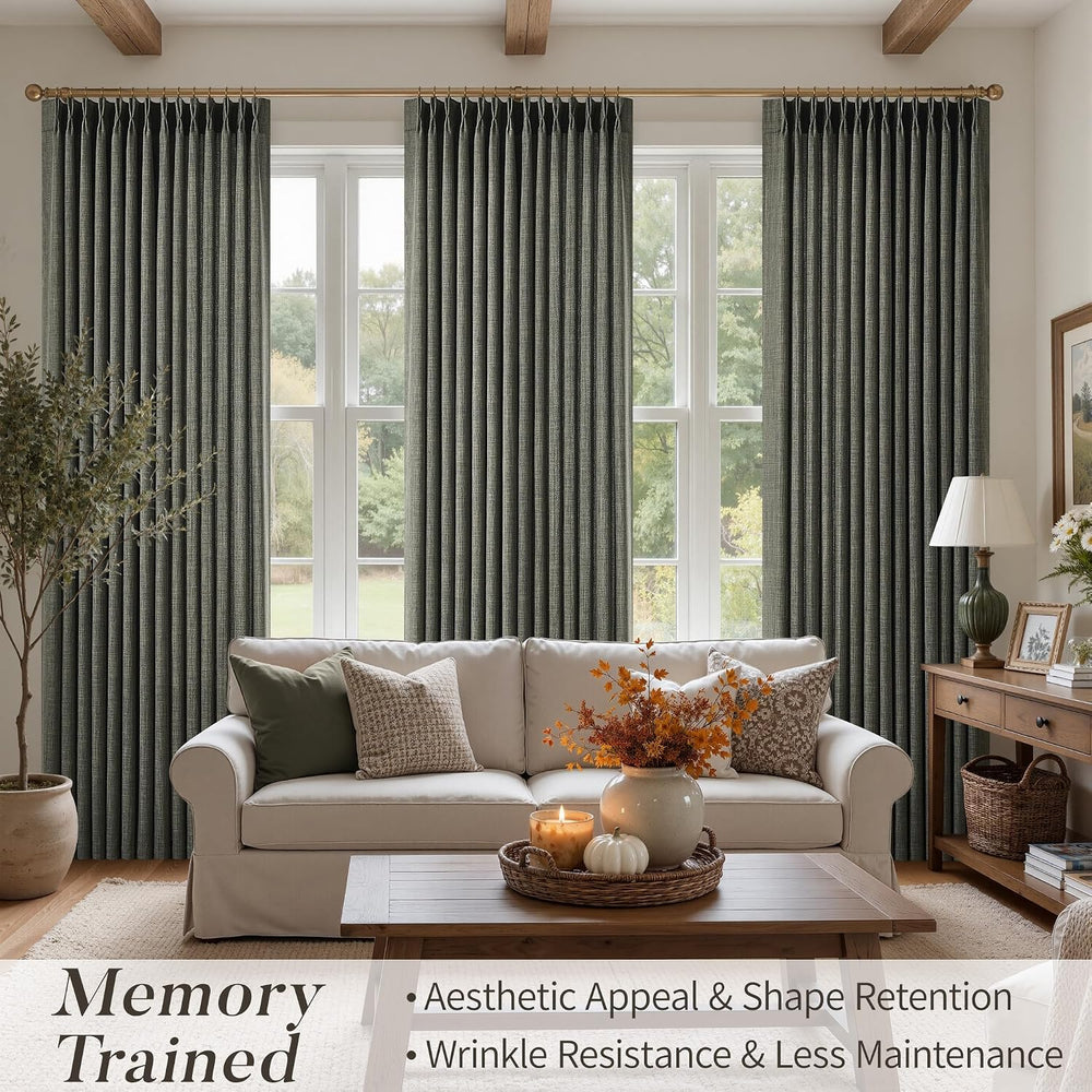 Pinch Pleated Linen Curtains 96 Inches Extra Long Olive Green Drapes, Thick L...