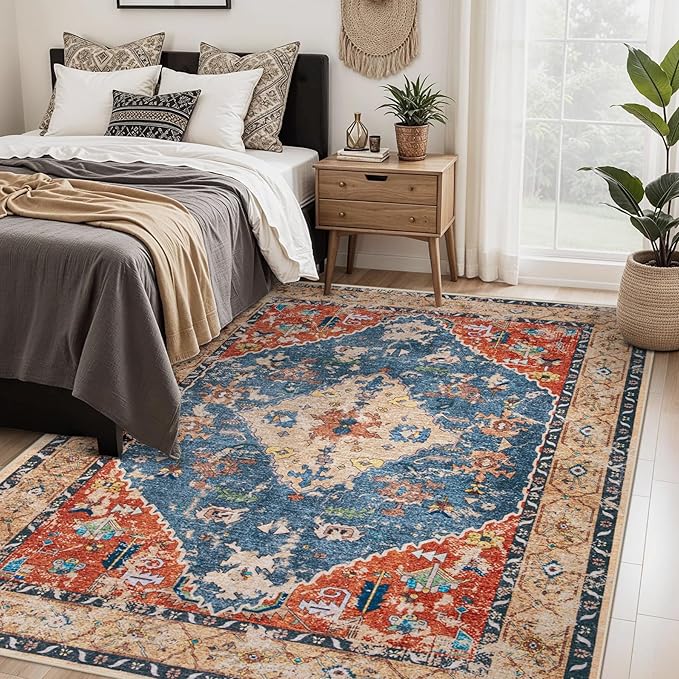 Area Rug 5x7 Washable Rug, Vintage Boho Medallion Rugs Non-Slip Soft Low Pile - Image 2