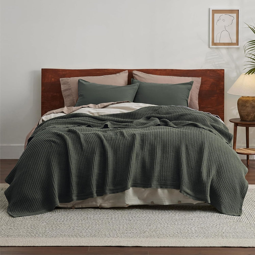 Bedsure 100% Cotton Blanket, Waffle Weave, Queen Size, Olive Green, 90"x...