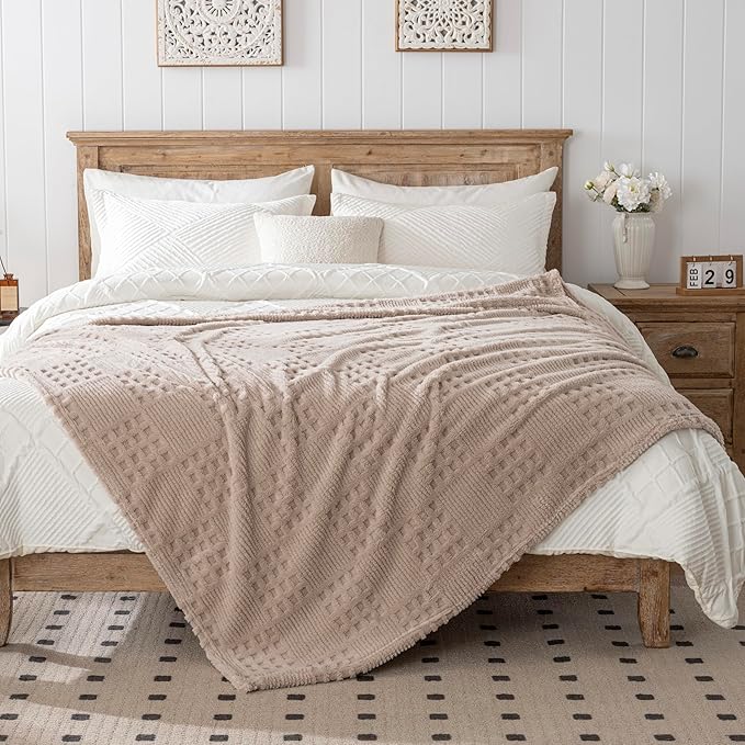 60x80 Inch Waffle Brown Twin Blanket -Fluffy Fleece, Neutral Tan Color - Image 5