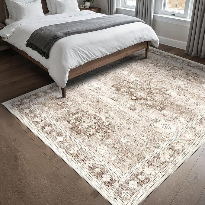 Hazo Haus Washable Neutral Farmhouse Bedroom Rug, 5x7 Area Rugs by HazoHaus