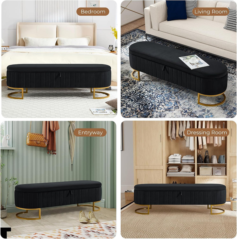 Storage Ottoman Bench, 63" Velvet End of Bed Bench Bedroom Bench King Si...