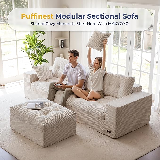 MAXYOYO 104" L Shaped Modular Sectional Sofa with Ottoman, Cloud Boneles...