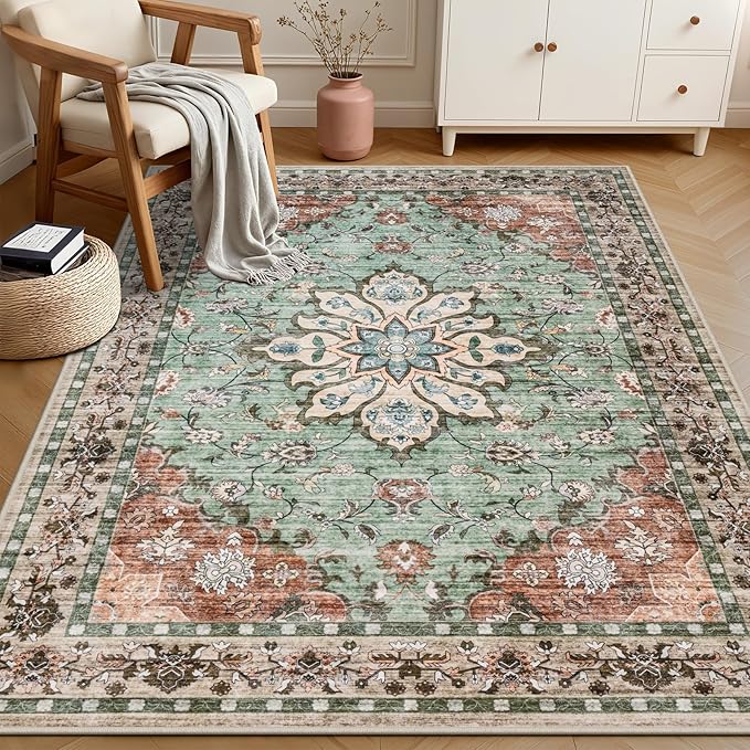 5x7 Area Rugs Living Room Rug: Washable Vintage Distressed Floral Rug No Slip - Image 3