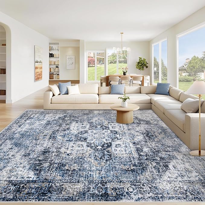Area Rug 8x10 Washable Rug, Vintage Boho Medallion Rugs Non-Slip Soft Low Pile by VECARF