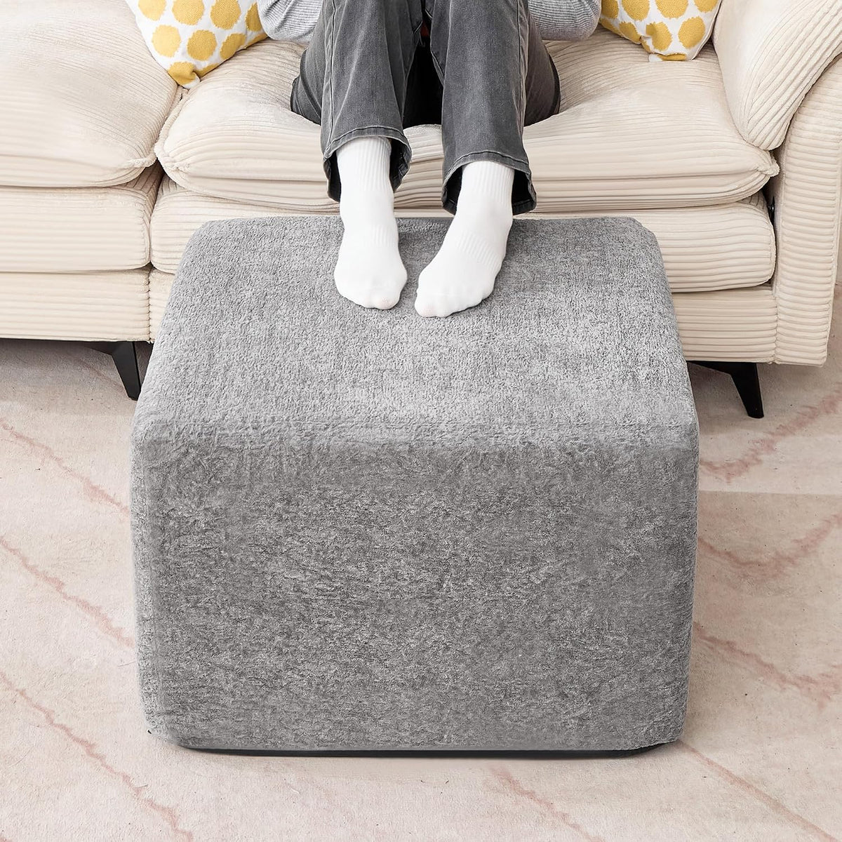 23.6'' Square Pouf Boneless Ottoman Foot Rest with High-Rebound Solid One-Piece Foam and Removable Washable Cover for Living Room, Gaming, Movie Watching - Grey