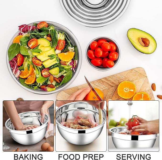 E-far Mixing Bowls with Lids Set, 7-Piece Stainless Steel Metal Mixing Bowls - Image 2