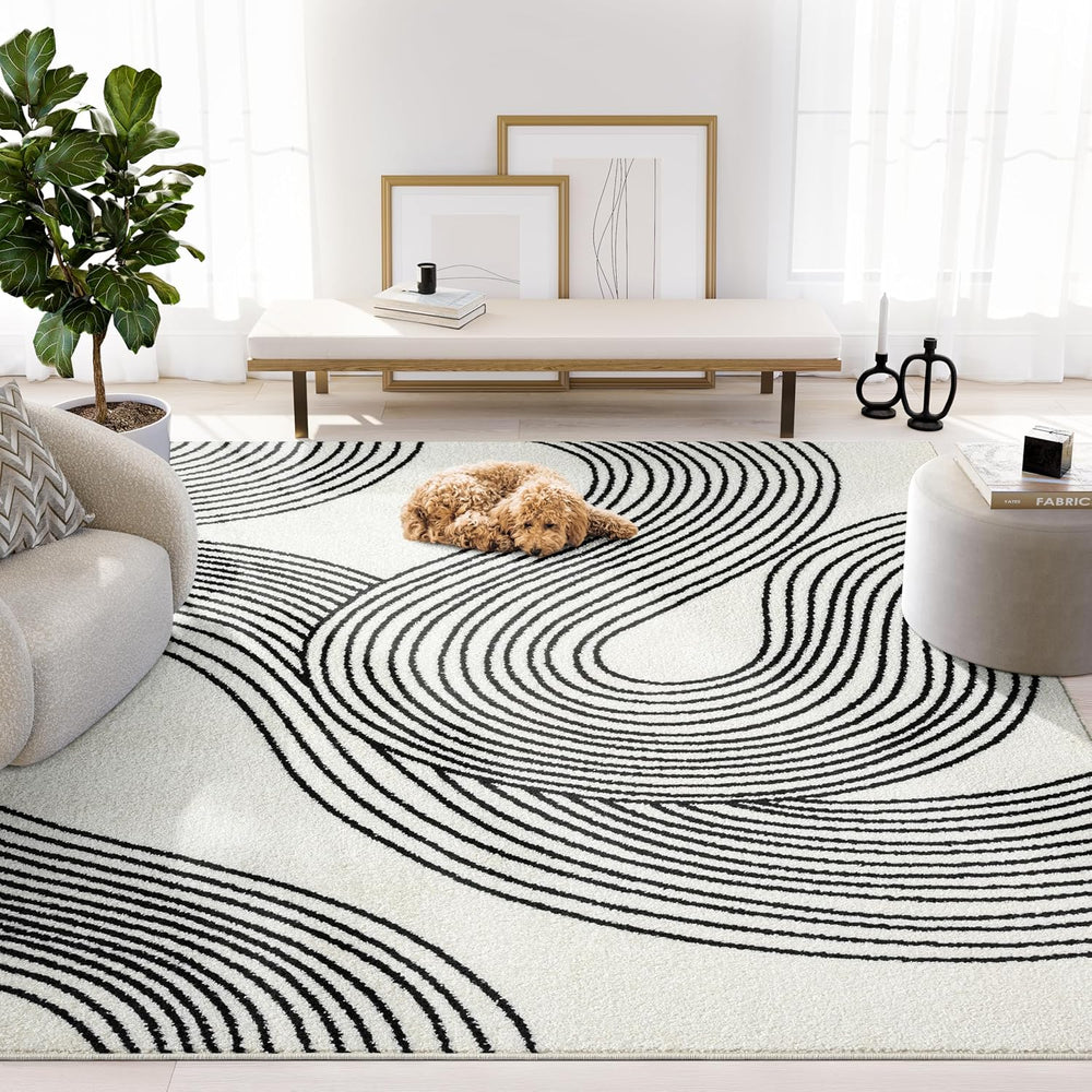 Abani Cream and Black Swirl Area Rug | 6" x 9" Beige Carpet with Wa...
