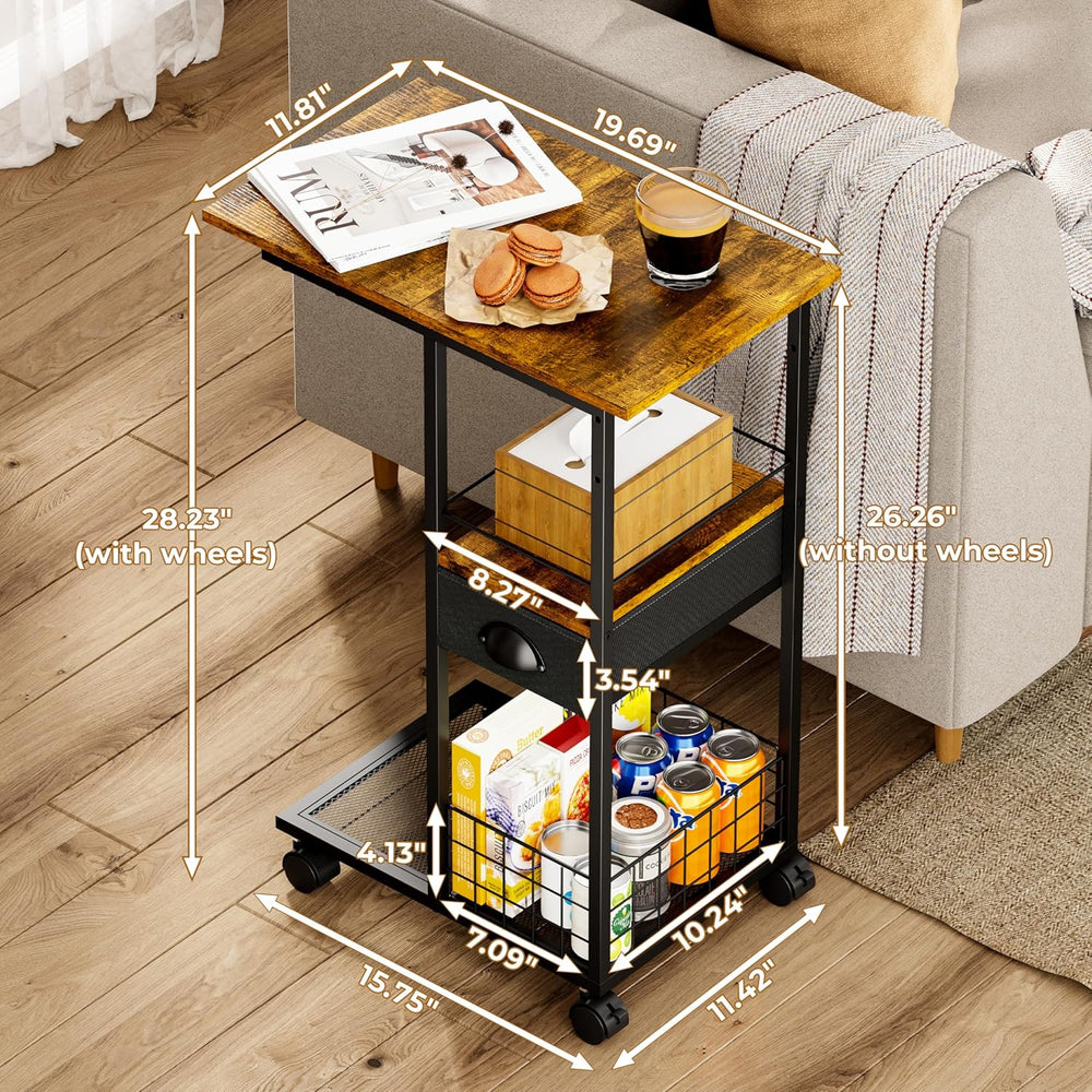 C Shaped Sofa Side Table with Wheels, Rolling Small Coffee Table with Drawer,...
