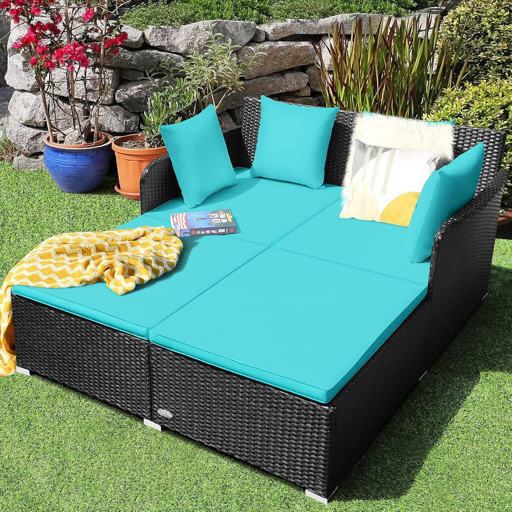 HAPPYGRILL Outdoor Rattan Daybed, Patio Sunbed Sofa Set with Cushion & Pi...