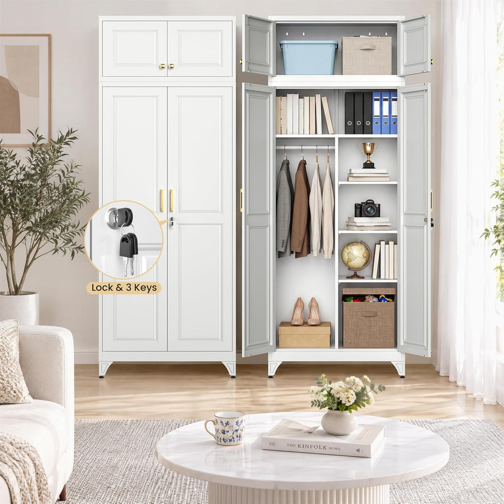 86" Metal Wardrobe Closet with Lock, Tall Armoire, White