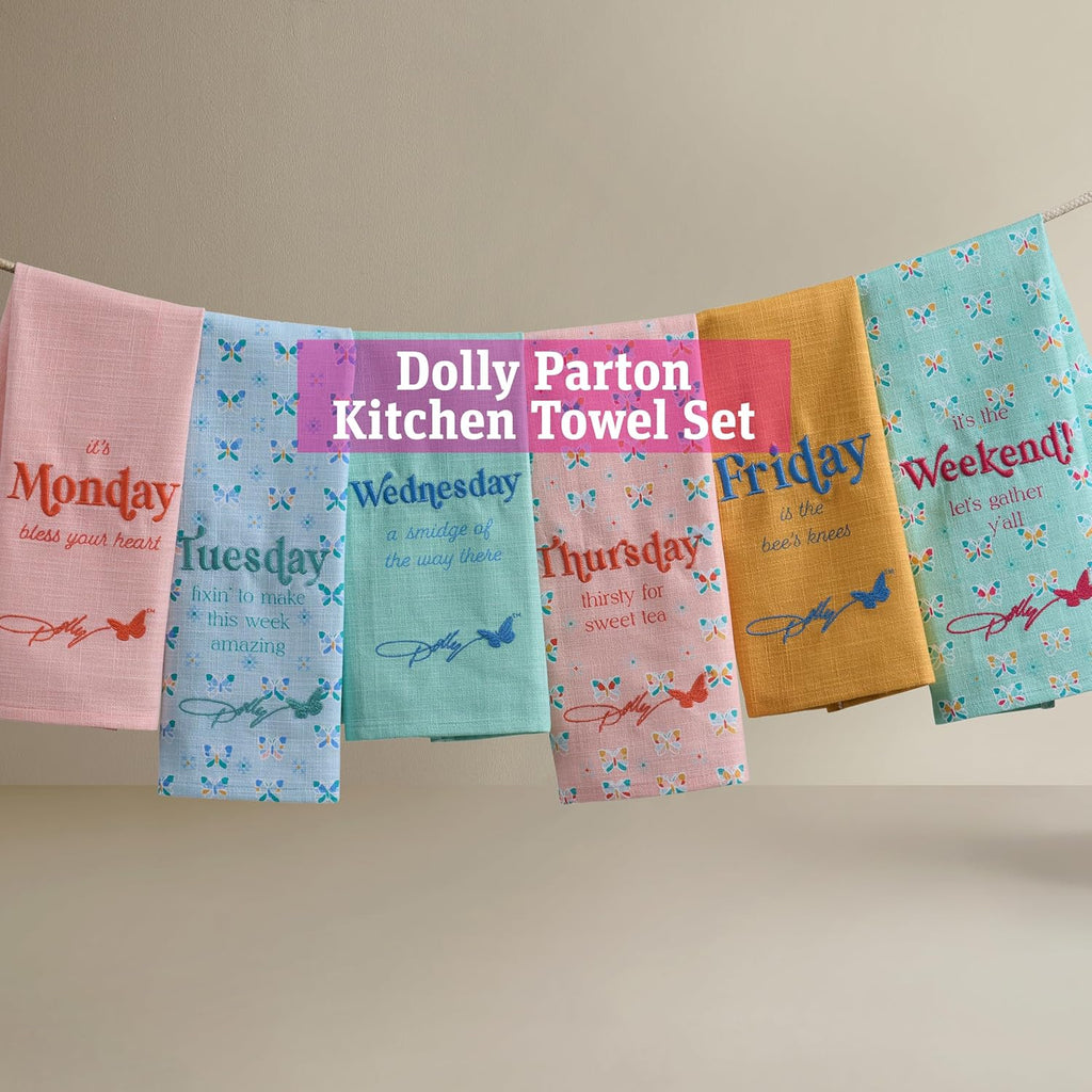 Dolly Parton Days of the Week Kitchen Towel Set - 100% Cotton Soft Durable Dishtowel Décor with Dolly Signature Embroidery, Cute Phrases, and Butterflies for Everyday Use - Butterfly Multi Colored 6pk