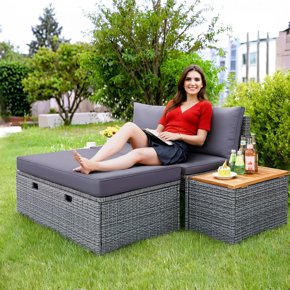 Flamaker Outdoor Rattan Lounge Chair with 2 Side Tables