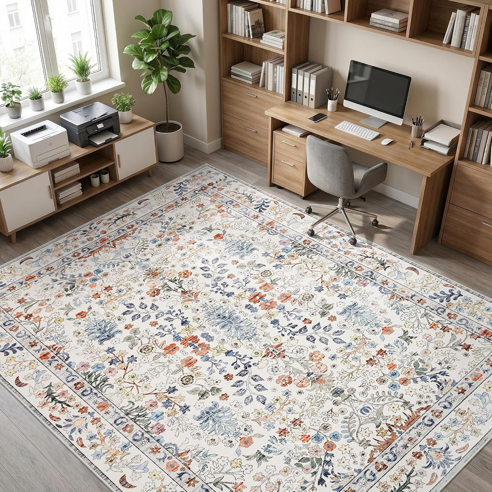 Area Rugs 8x10 Washable Non-Slip: Floral Vintage Rug for Living Room Beige