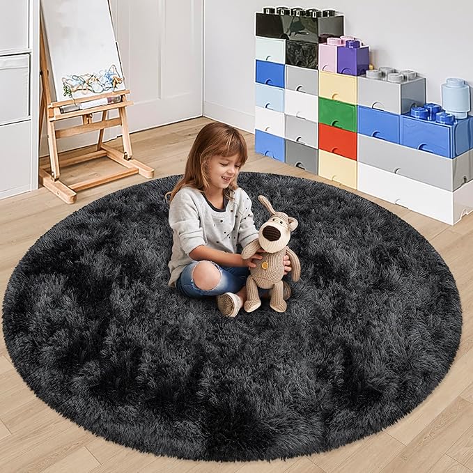 5x5 ft Tie Dye Black Round Rug for Bedroom Room Fluffy Circle Rug Furry Carpet - Image 3