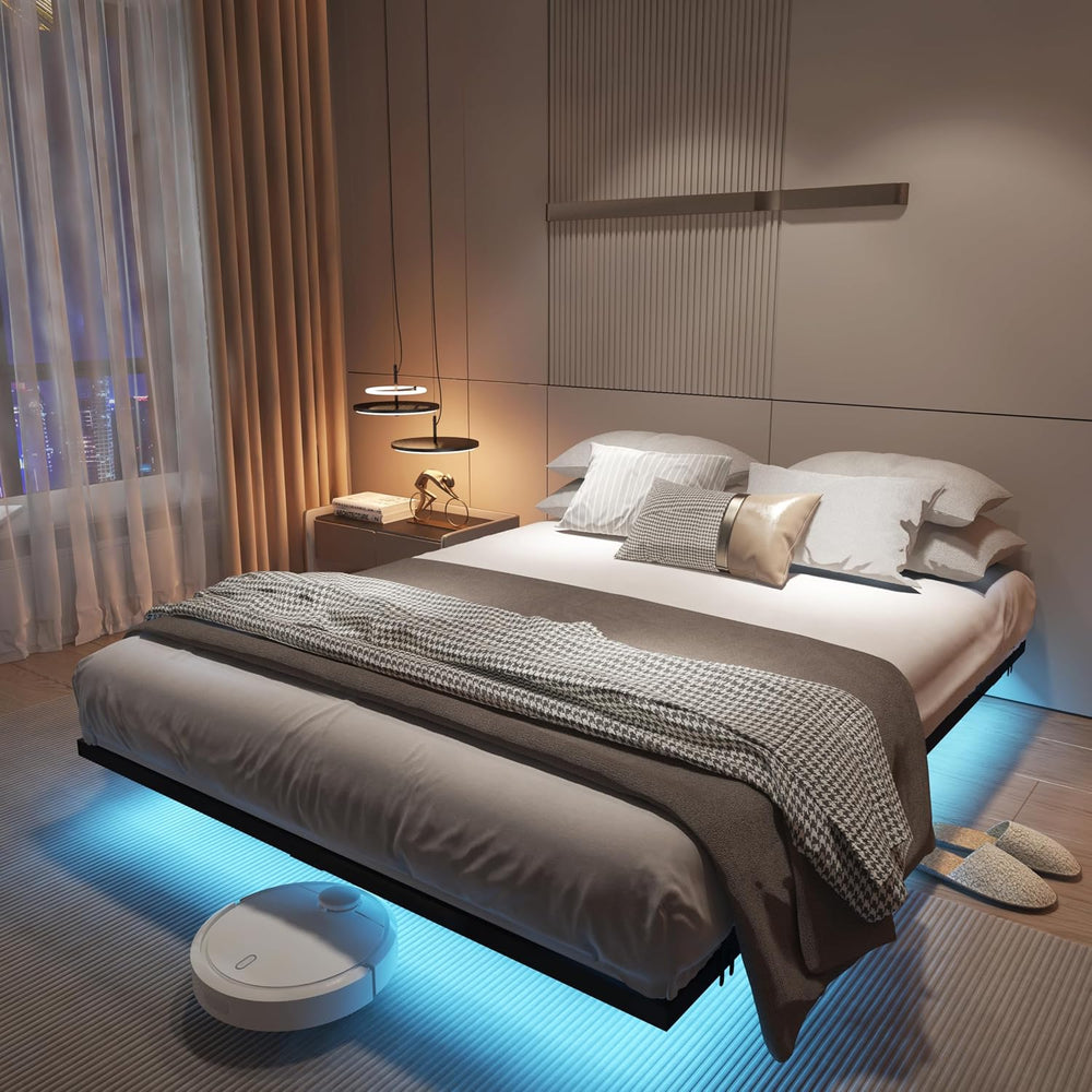 California king floating bed frame with Charging Station & Smart LED Lights