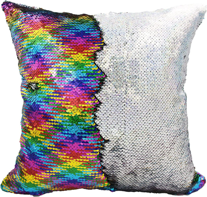 Personalized Mermaid Reversible Sequin Pillow, Custom Unicorn Sequin Pillow for Girls (Rainbow/Silver)