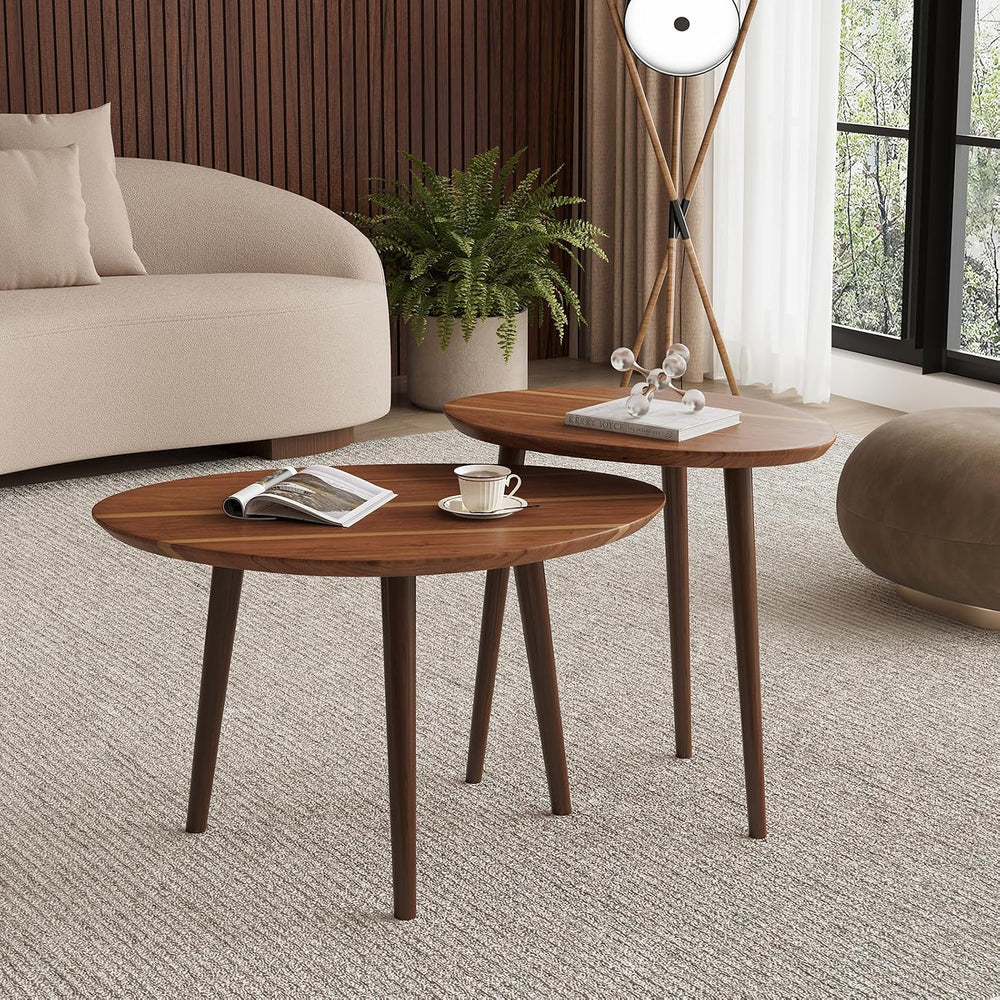 Small Oval Nesting Coffee Tables Set of 2,Solid Acacia Wood Top,Pebble-Shaped...