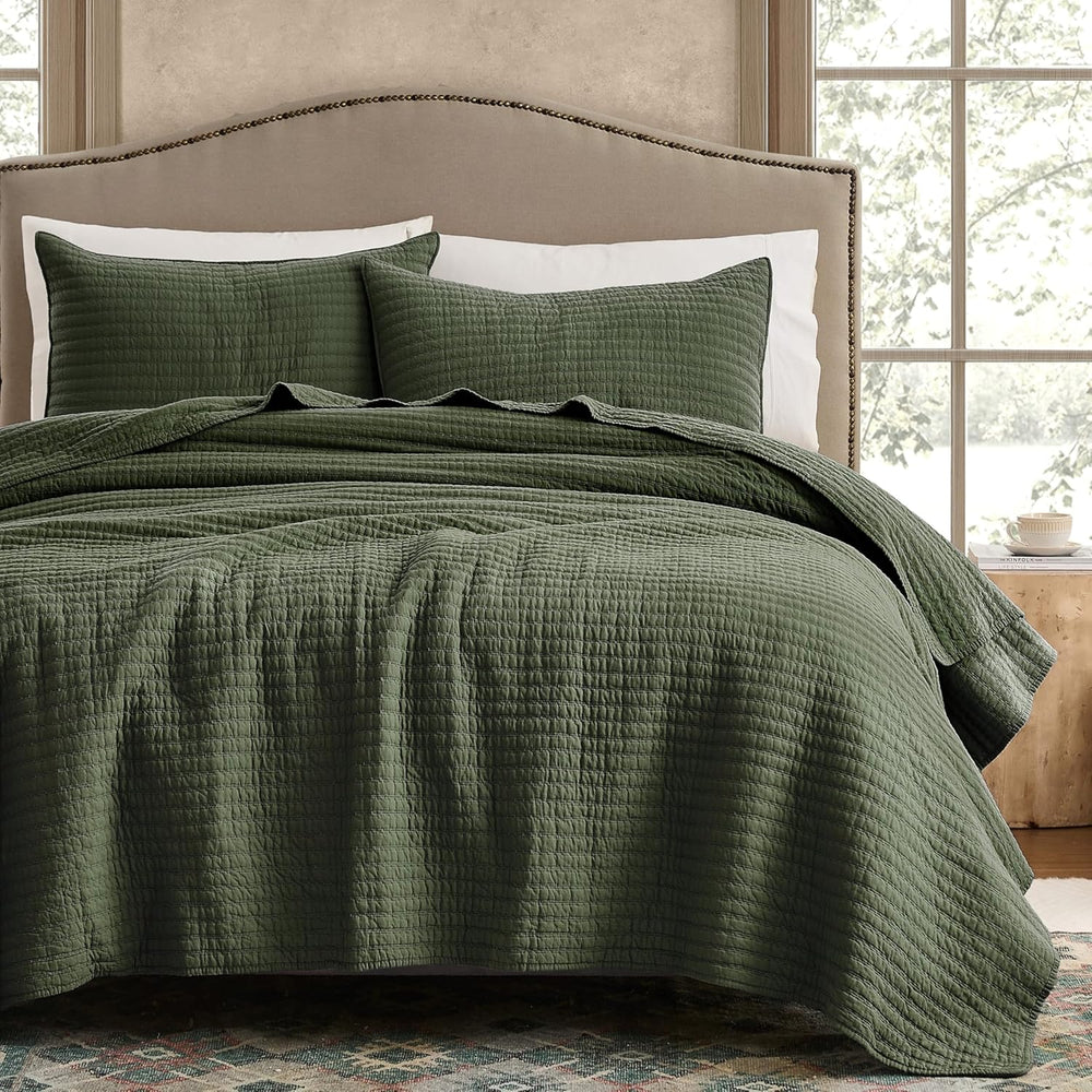 WDCOZY 100% Cotton King Size Quilt Set, Channel Pick Stitch, Olive Green